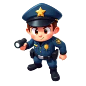 O polícia do jogo em pixel art, com boné e lanterna