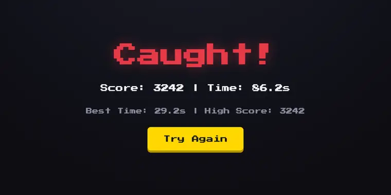 Ecrã de derrota em vermelho: Caught, 3242 pontos aos 86,2 segundos, com o botão Try Again.
