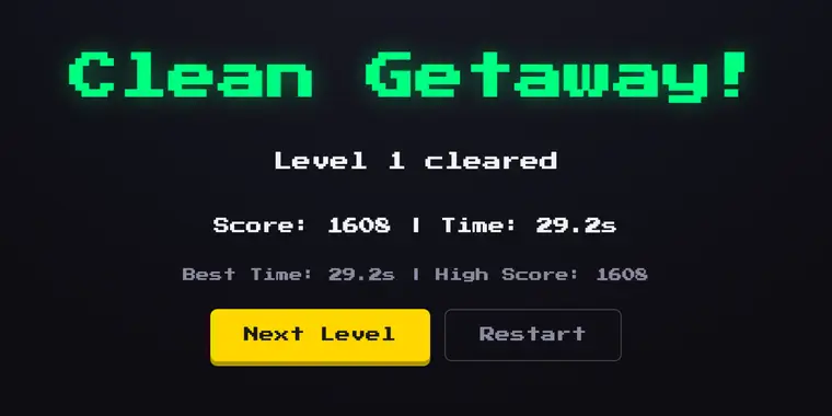 Ecrã de vitória em verde: Clean Getaway, nível 1 concluído, 1608 pontos em 29,2 segundos.